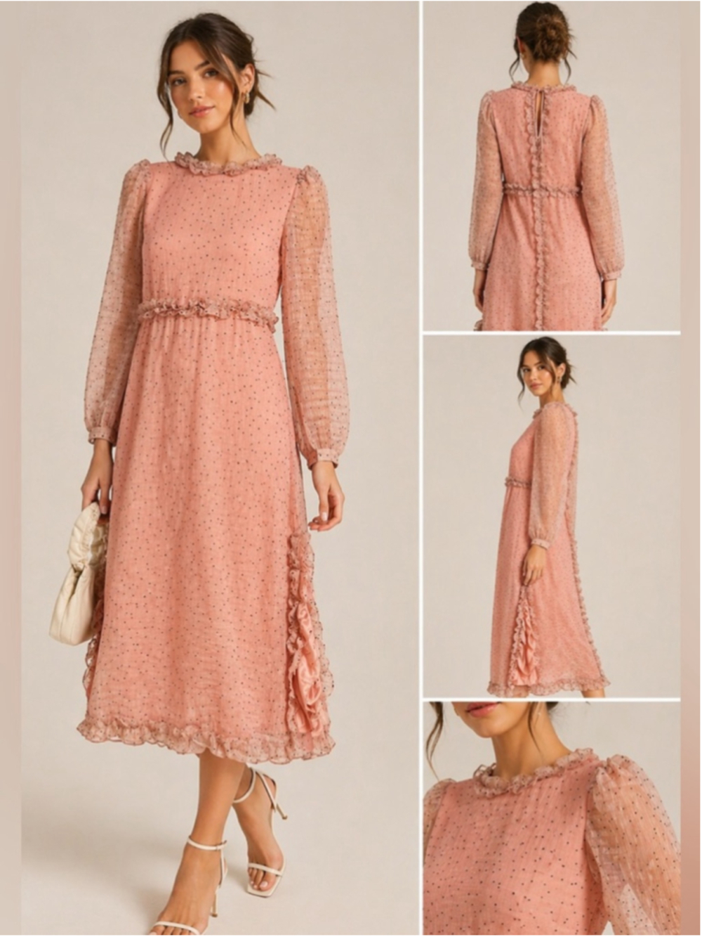 Vintage Inspired Blush Pink Swiss Dot Ruffle Midi Dress Size Large